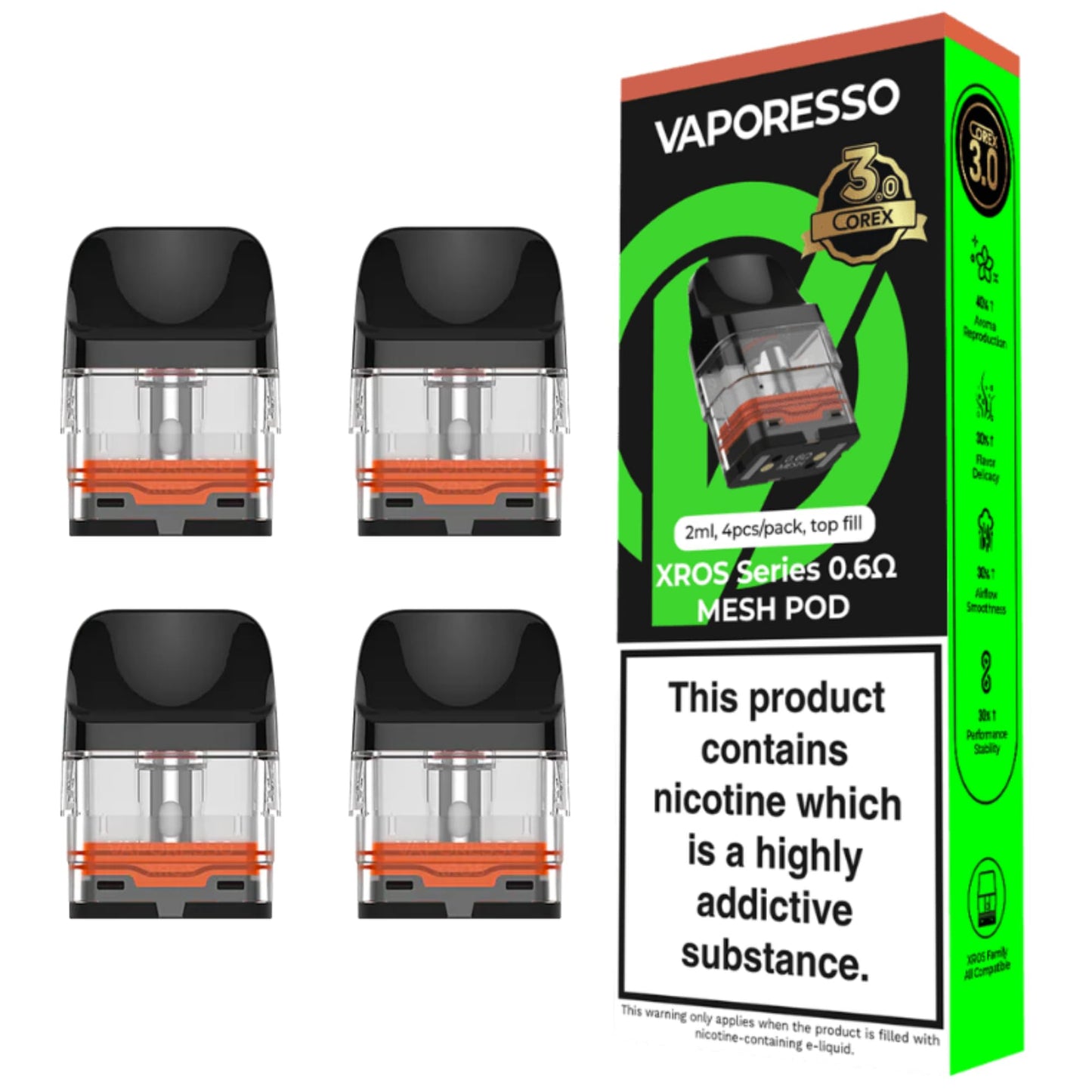 The product is a pack of Vaporesso XROS Series replacement mesh pods, likely featuring a 0.6 ohm resistance based on the packaging text